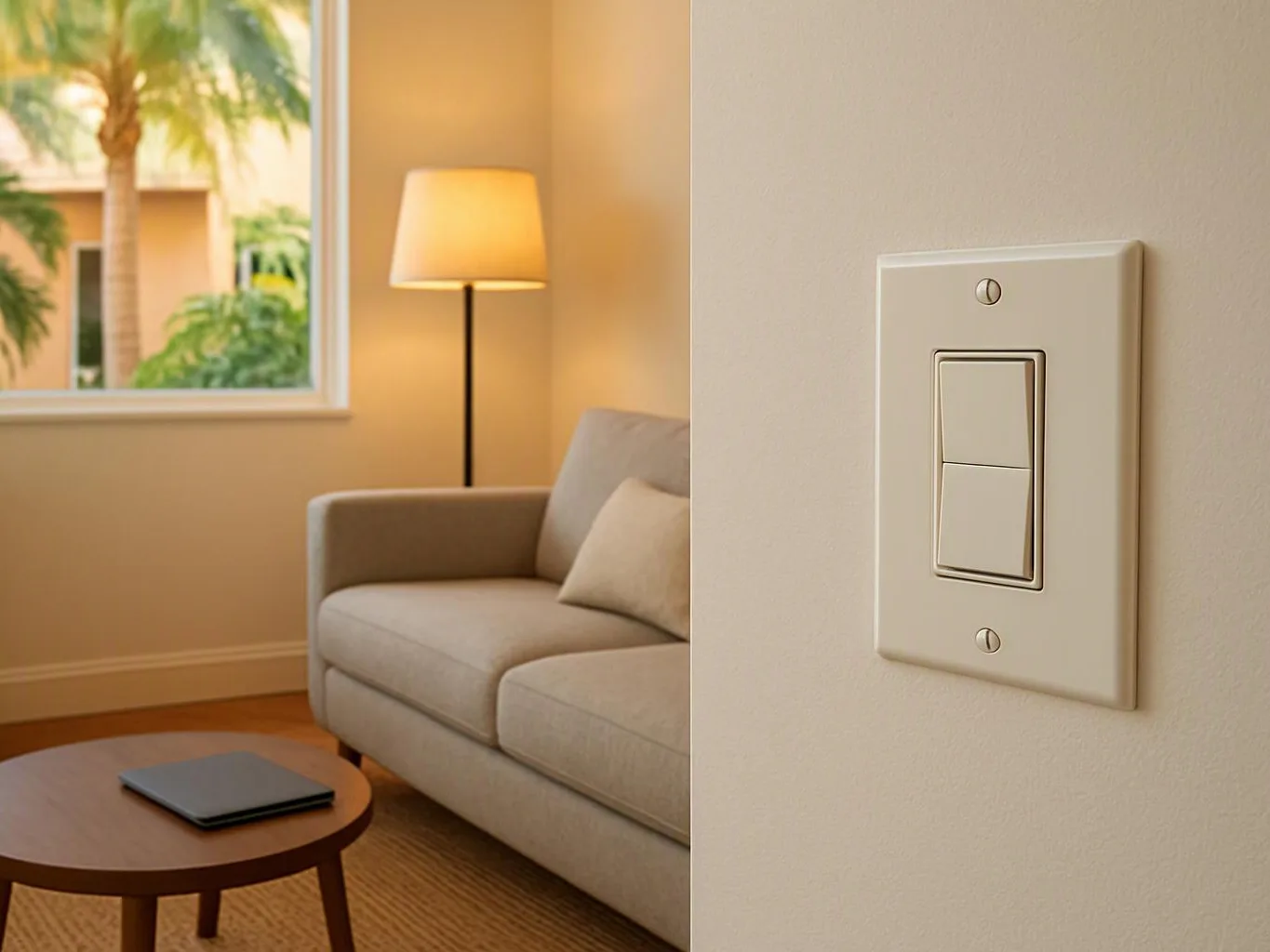 A living room with a sofa and lamp sits beside a close-up wall light switch