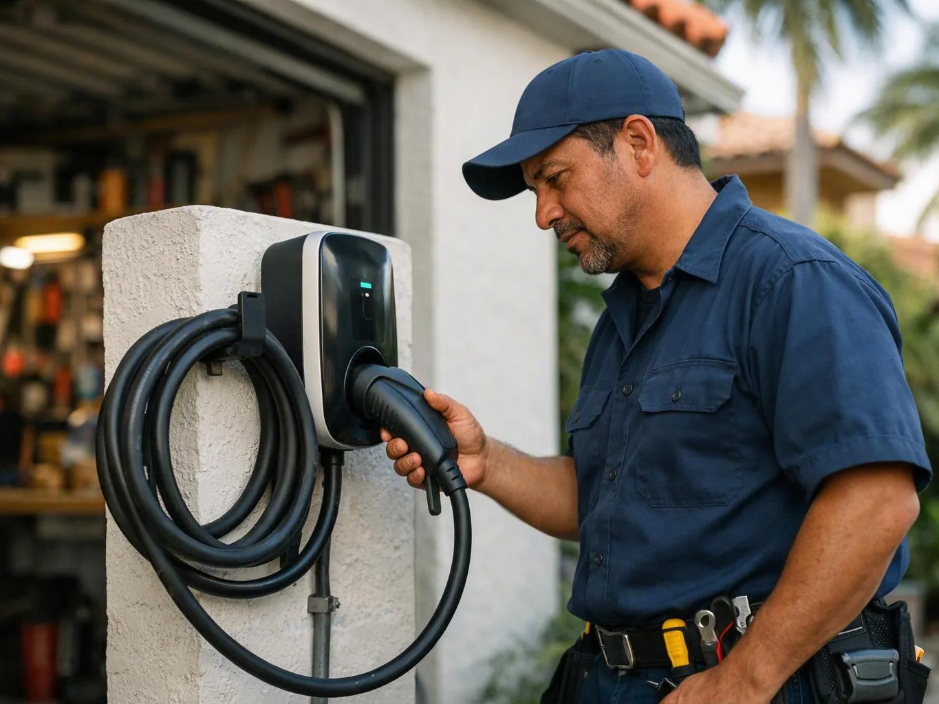 A man in a blue cap plugs an electric vehicle charger into a wall unit outside a house