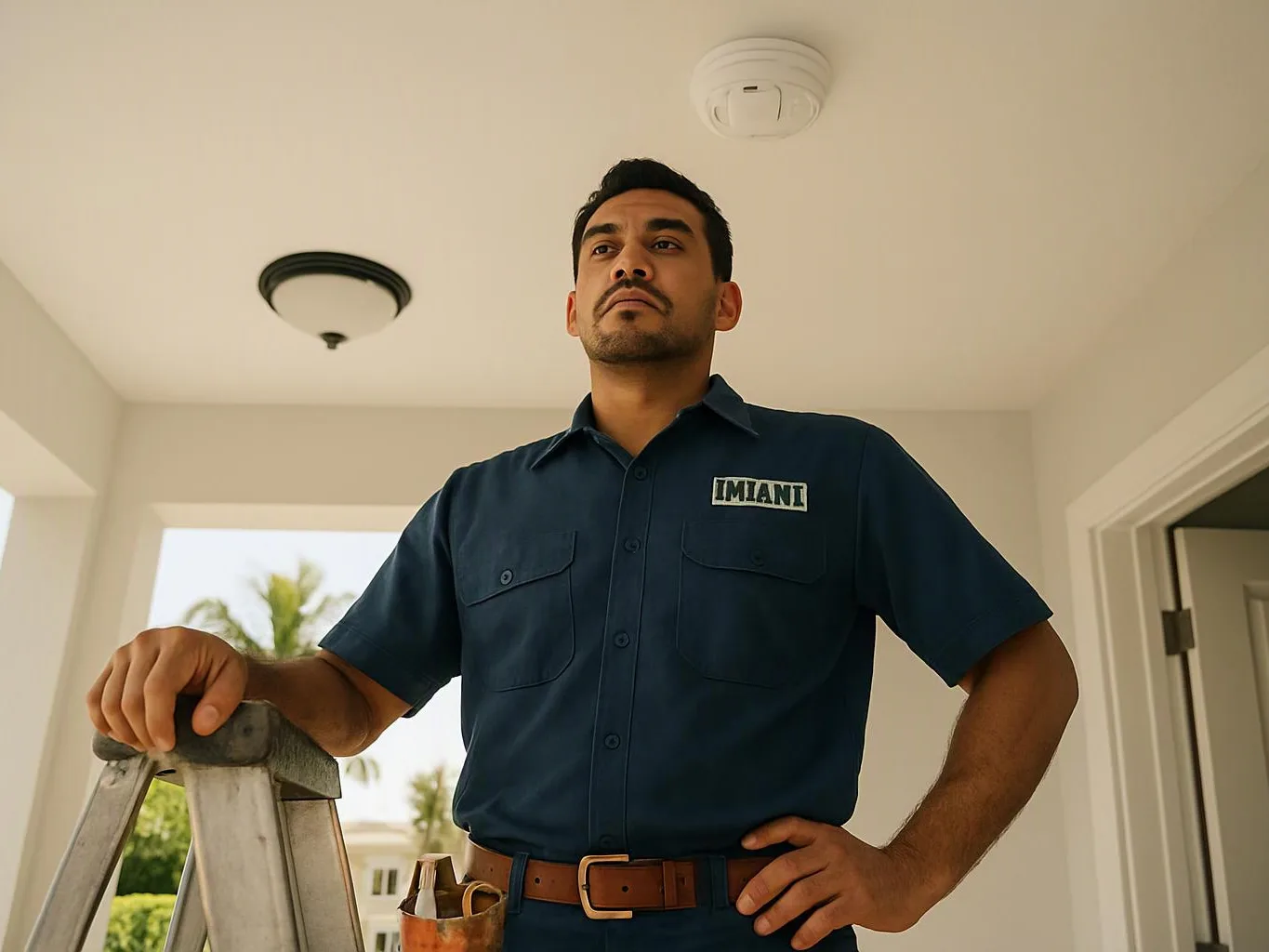 A man in a blue work shirt stands indoors beside a ladder, looking ahead in a bright entryway