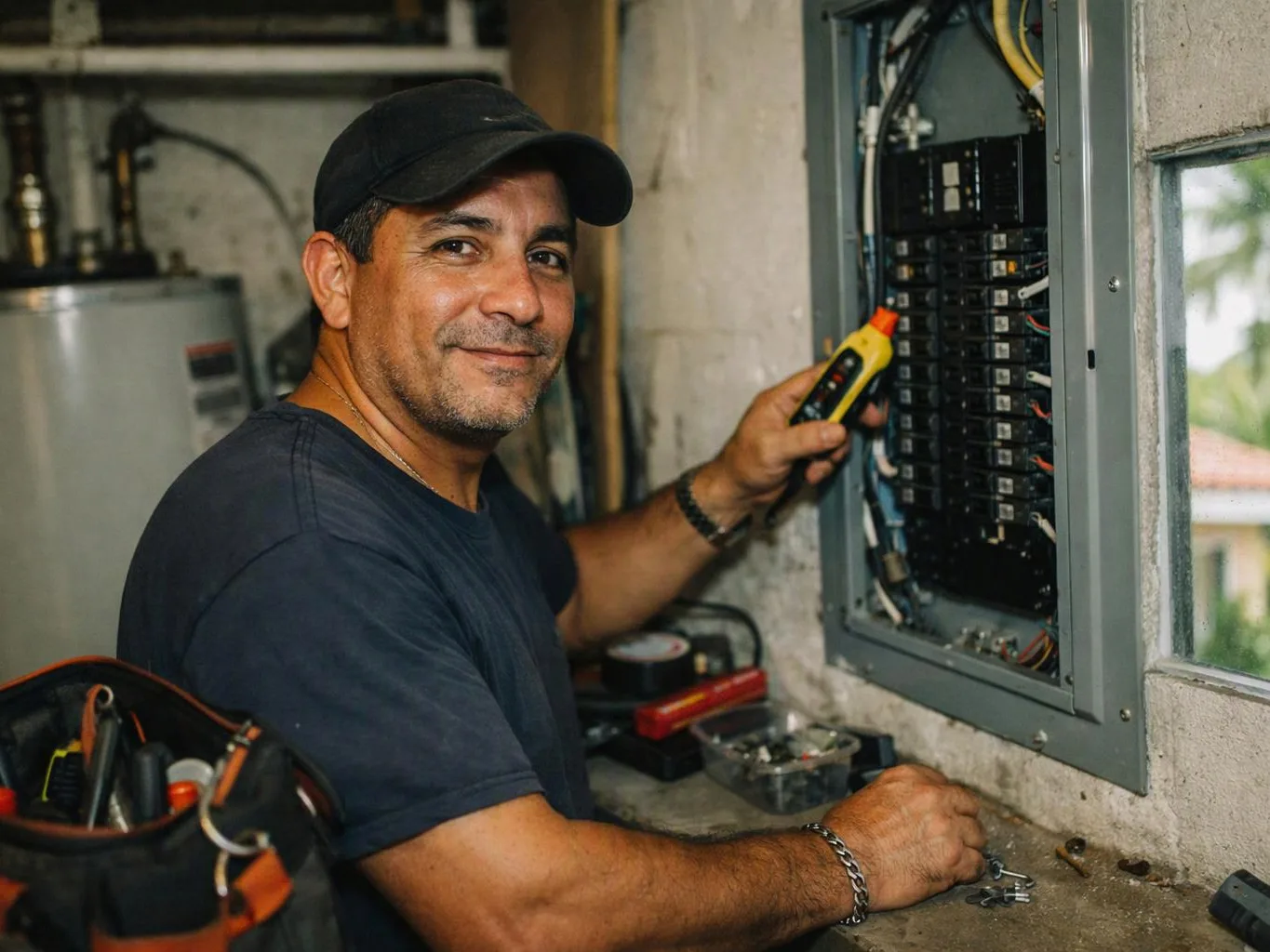 A man in a cap checks an open electrical panel with a tester beside a window in a workshop