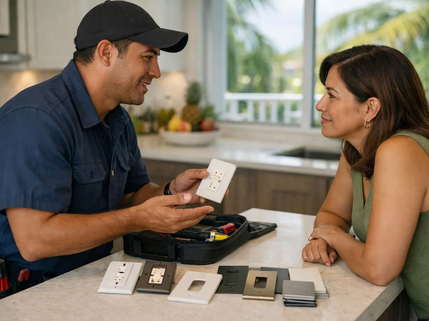 A man in a cap shows a white electrical outlet cover to a woman at a kitchen counter