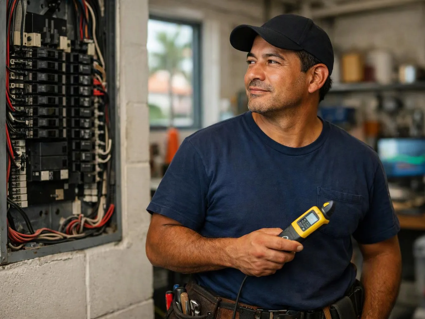 A man in a cap stands beside an open electrical panel, holding a yellow testing tool in a workshop