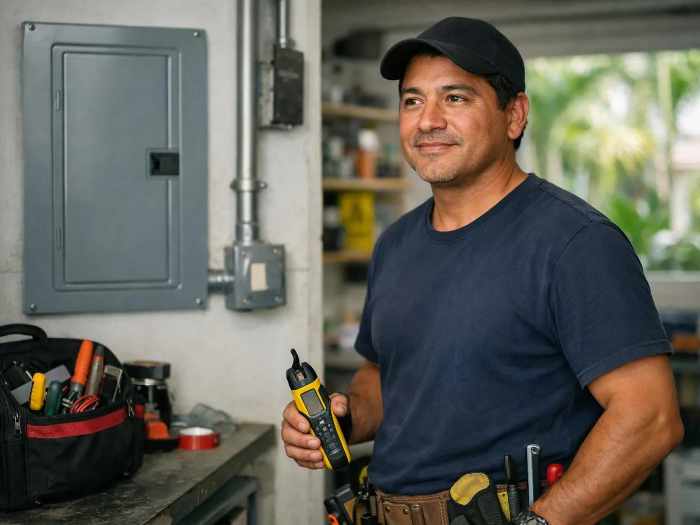 A man in a cap stands in a workshop holding a yellow handheld tool beside an electrical panel