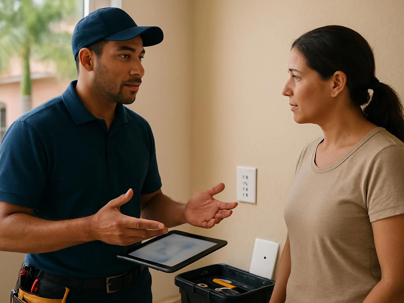A man in a cap talks to a woman indoors while holding a tablet and gesturing near a wall outlet
