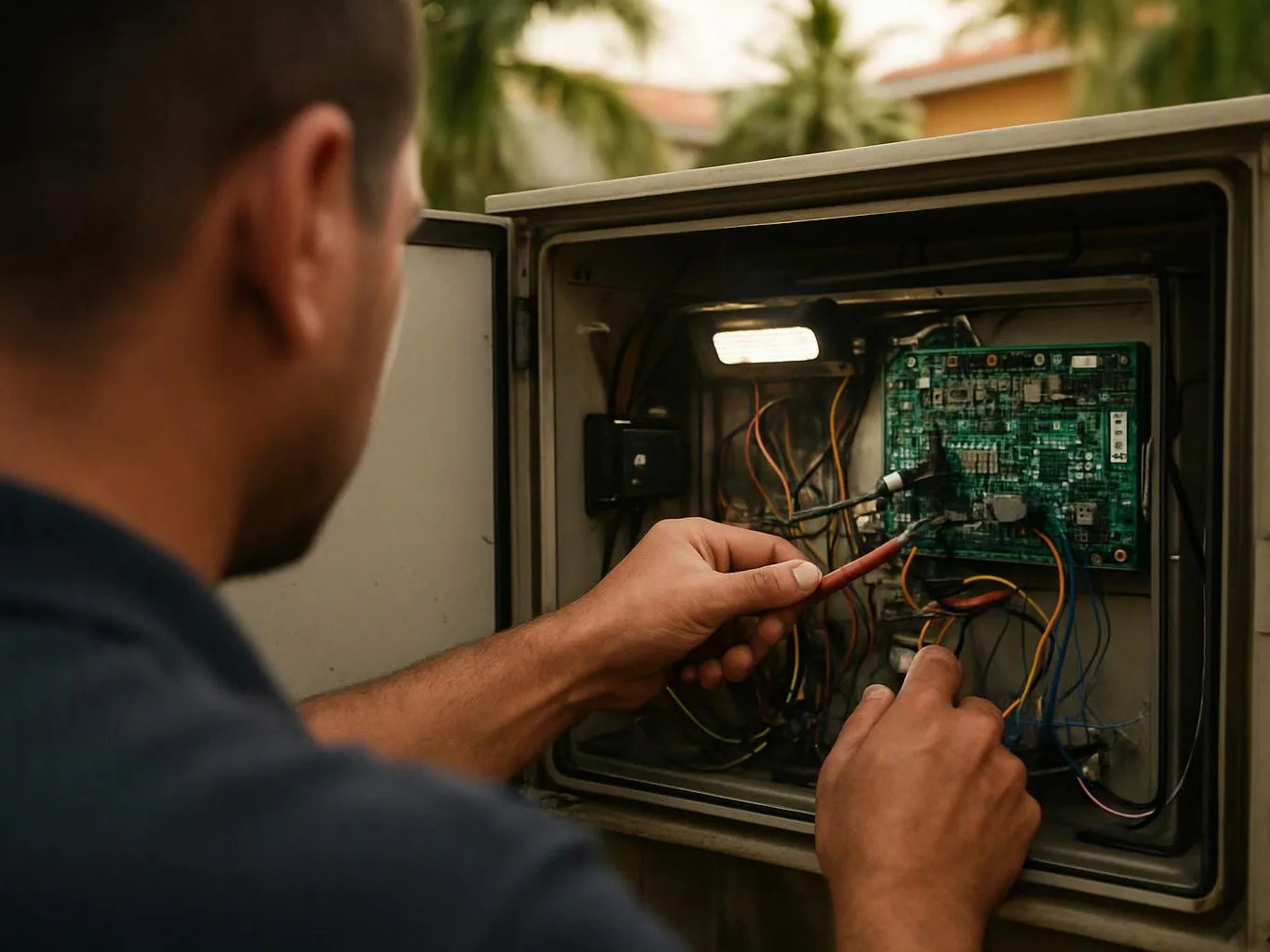A man checks wires inside an open outdoor electrical control box with a circuit board visible