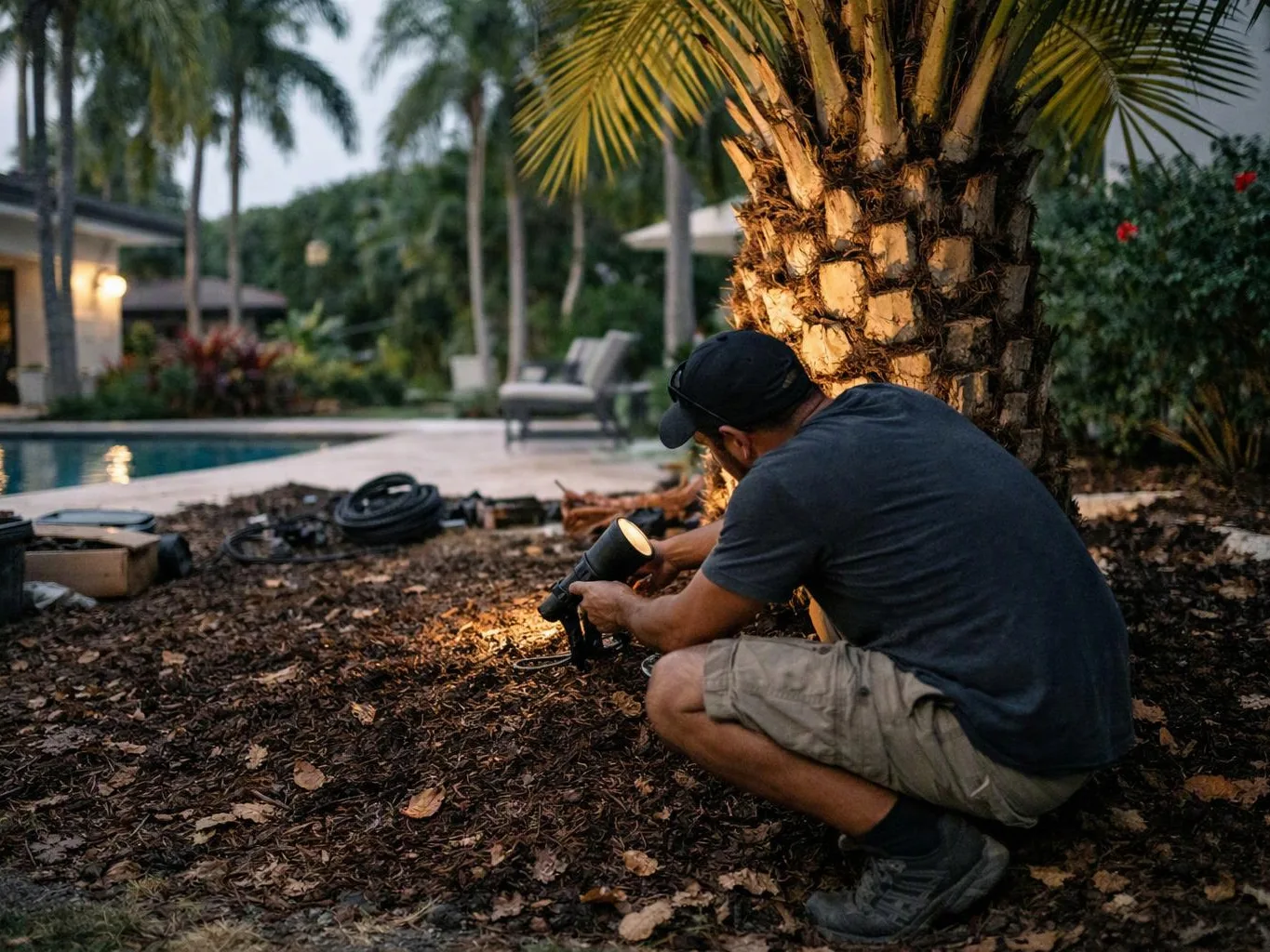 A man crouches by a palm tree, aiming a spotlight in a poolside garden at dusk