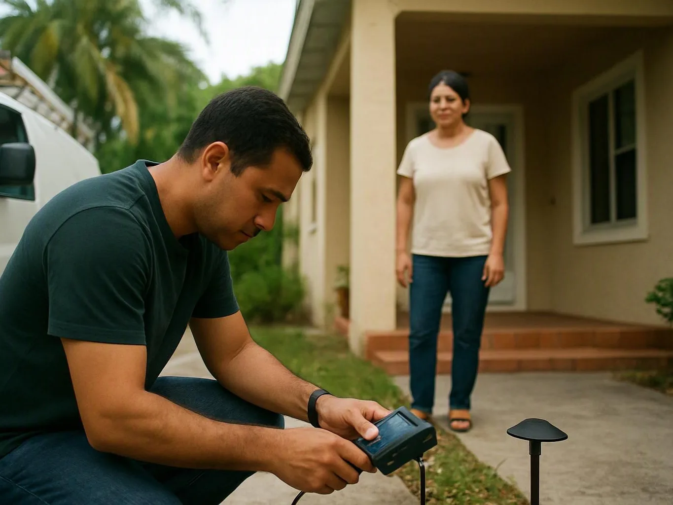 A man crouches by a walkway holding a device, while a woman stands near the house porch behind him