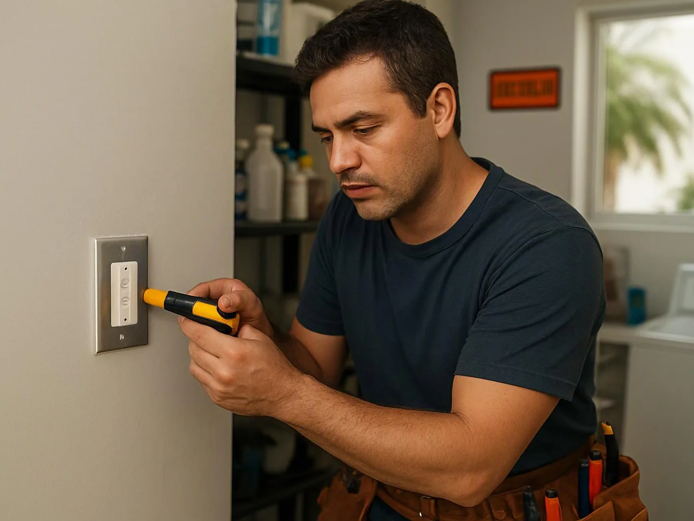 A man in a dark shirt uses a screwdriver on a wall switch in a room with shelves and a window