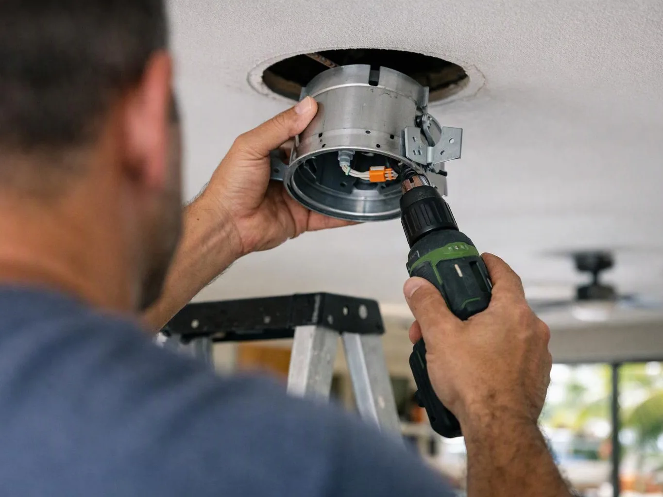 A man drills a ceiling light fixture while holding it in place near a stepladder