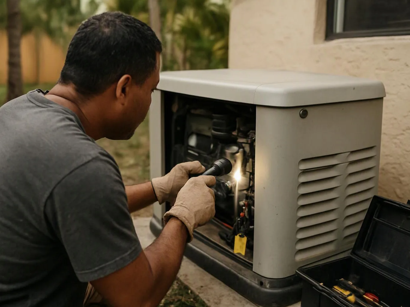 A man in gloves inspects an open generator beside a house, using a flashlight outdoors