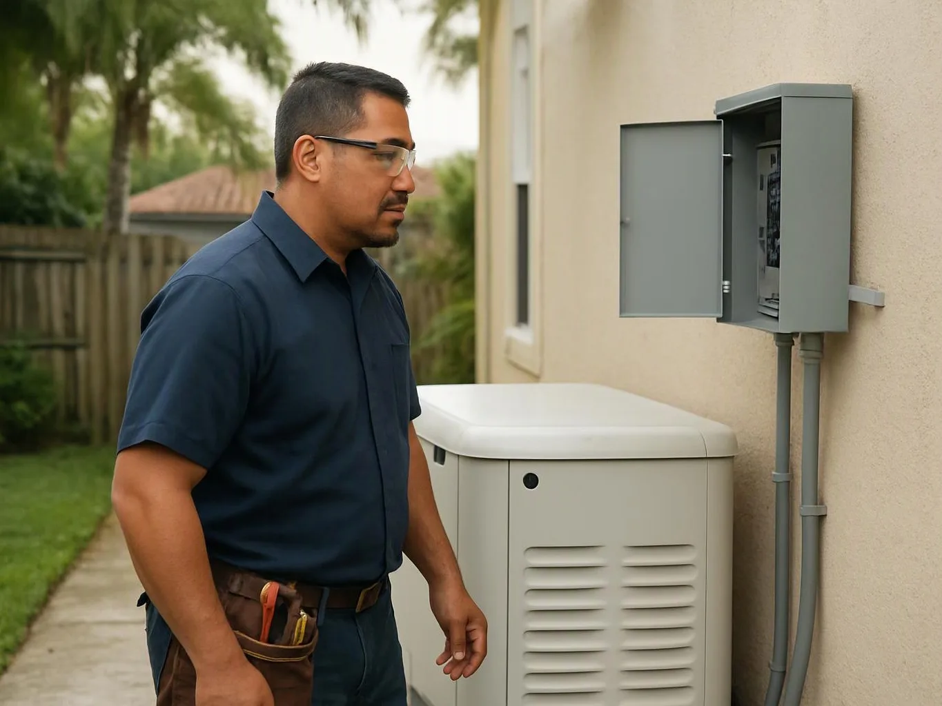 A man inspects an open electrical panel beside a large outdoor unit on a house wall