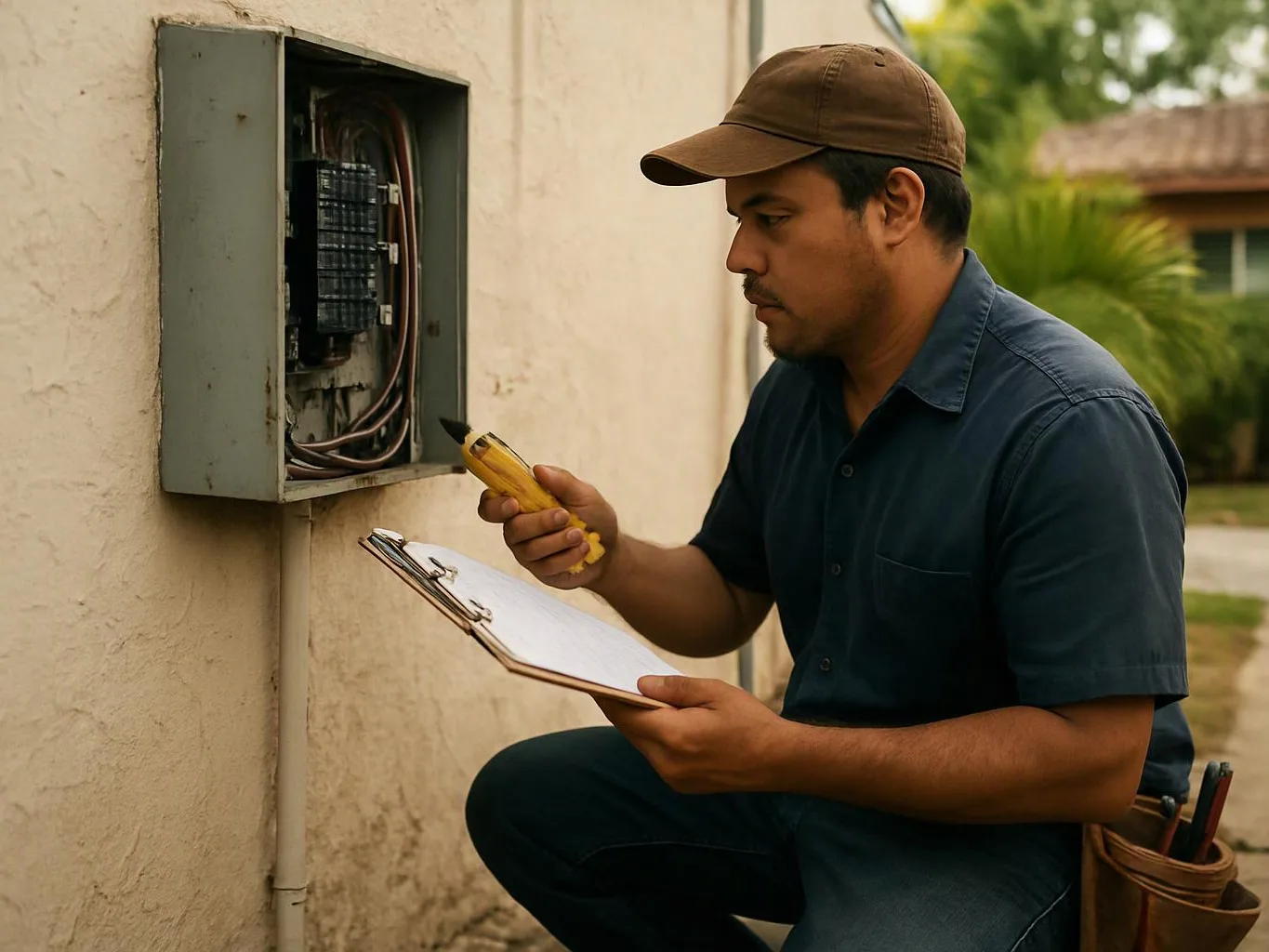 A man inspects an open electrical panel outdoors while holding a tool and clipboard