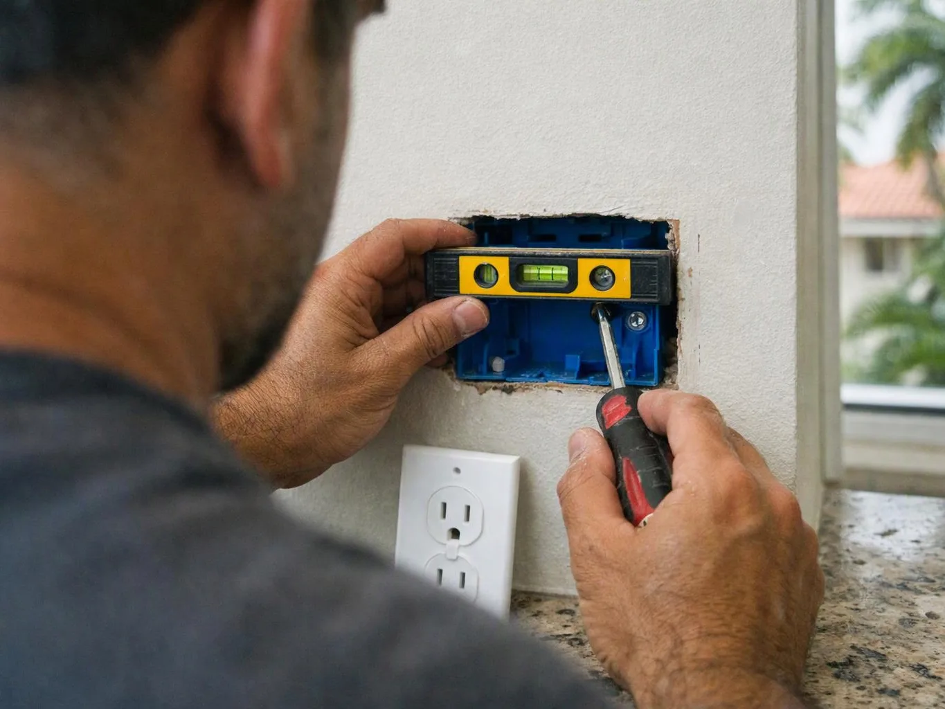 A man installs a blue wall electrical box with a level and screwdriver beside an outlet near a window