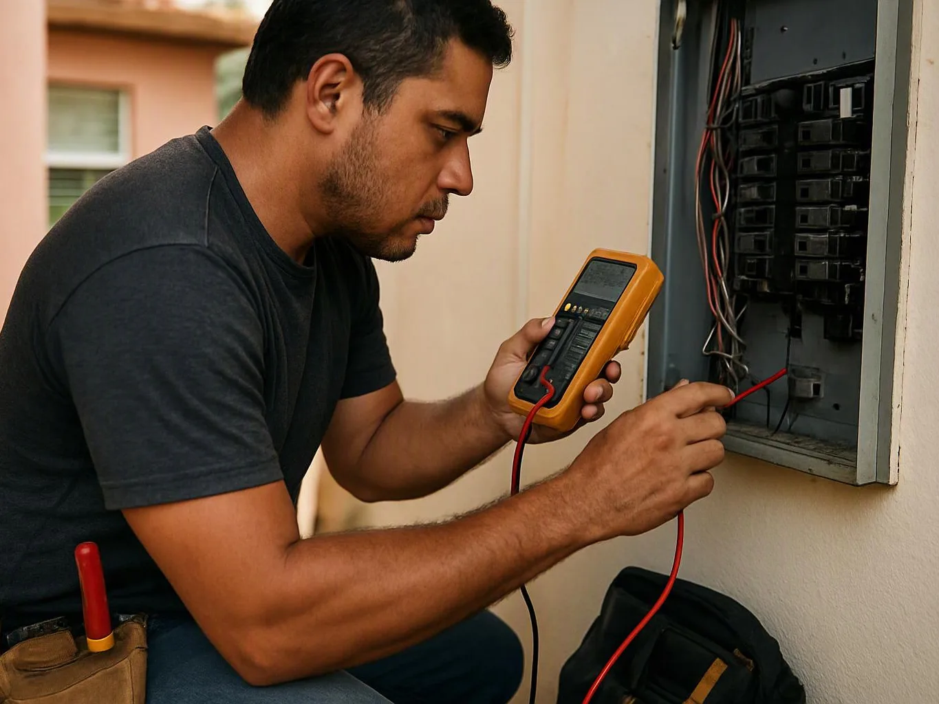 A man kneels beside an open electrical panel, checking wires with a yellow multimeter indoors