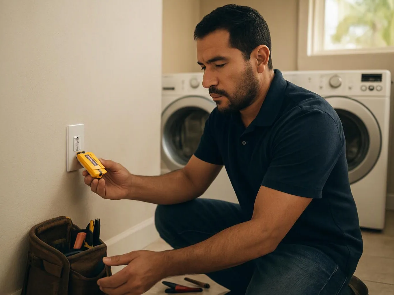 A man kneels beside a wall outlet with a tester, in a laundry room with washers behind him
