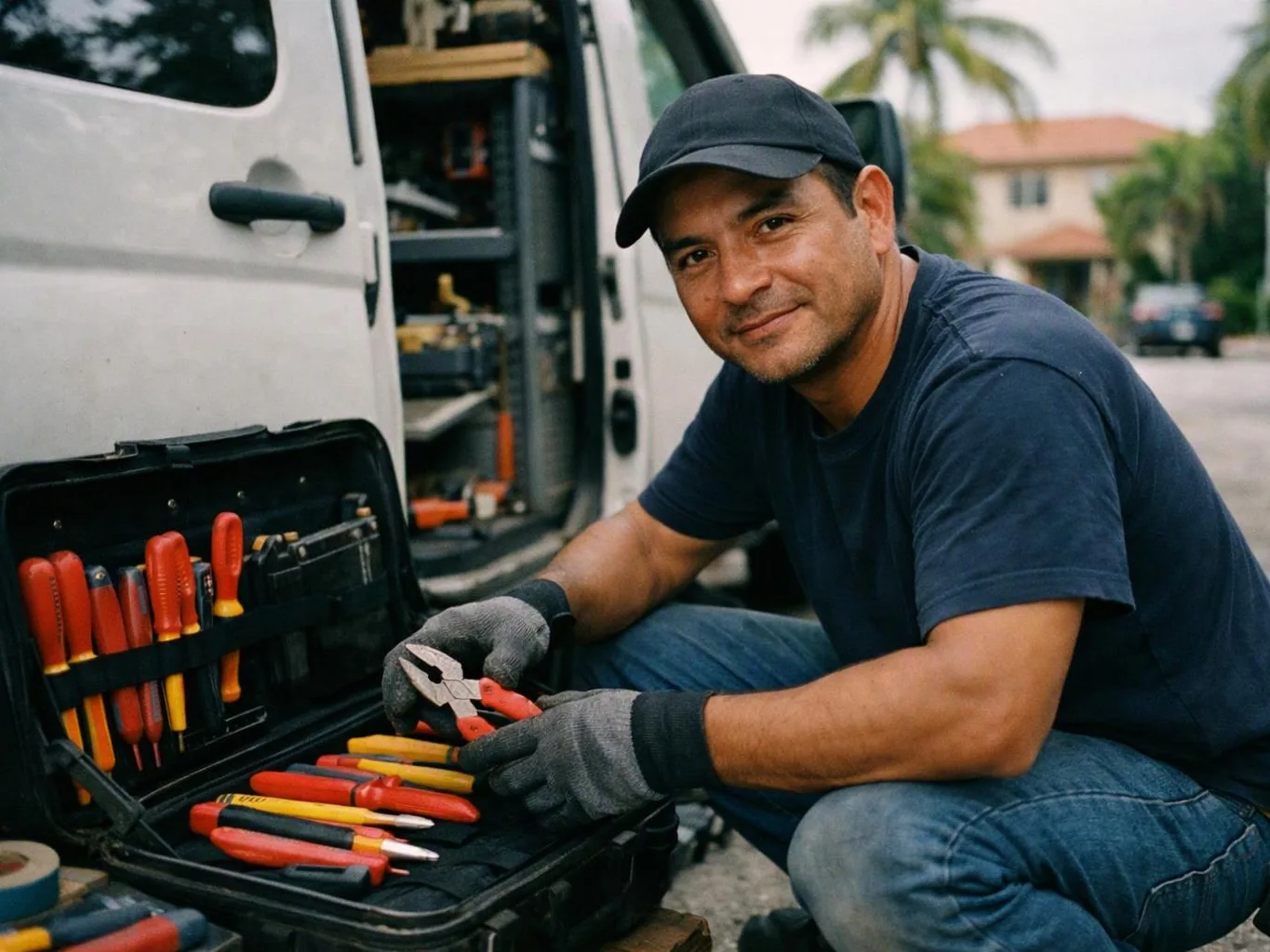 A man kneels beside a white van, holding pliers and sorting tools in an open case on a street