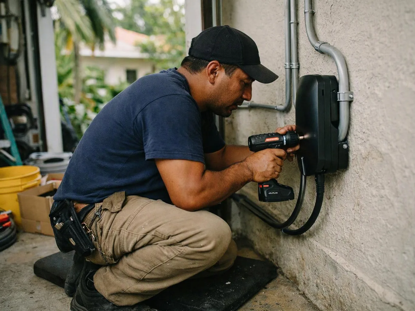 A man kneels outdoors, using a power drill to install a black wall-mounted device on a stucco wall