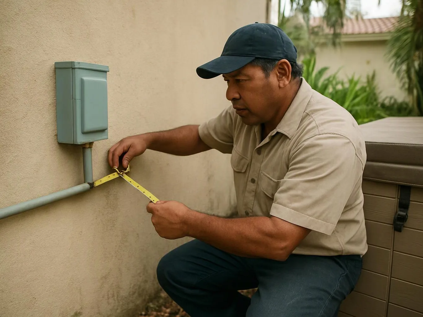 A man kneels by a wall, measuring a pipe with a yellow tape beside an electrical box