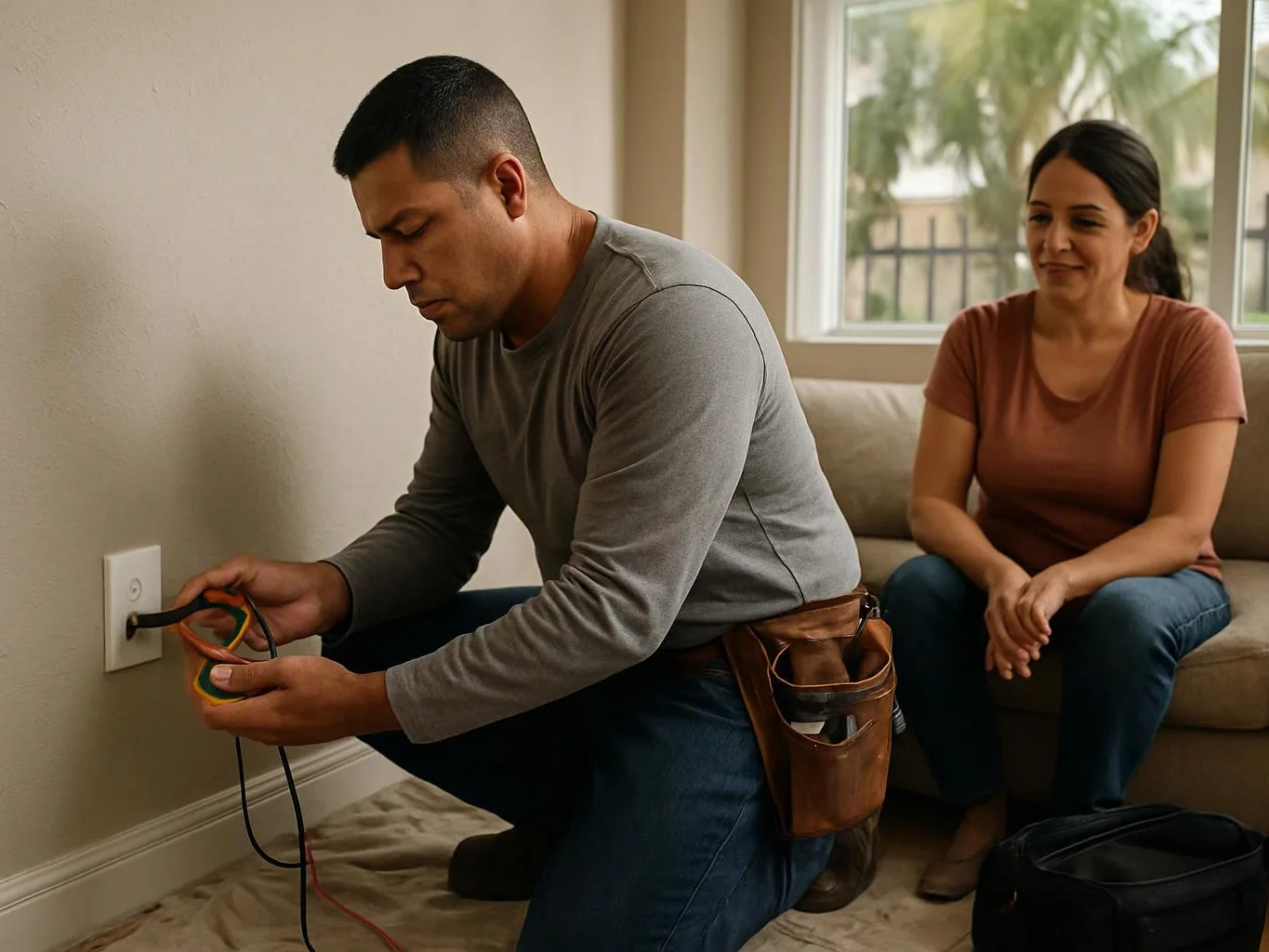 A man kneels by a wall outlet with a tester, while a woman watches from the couch in a living room