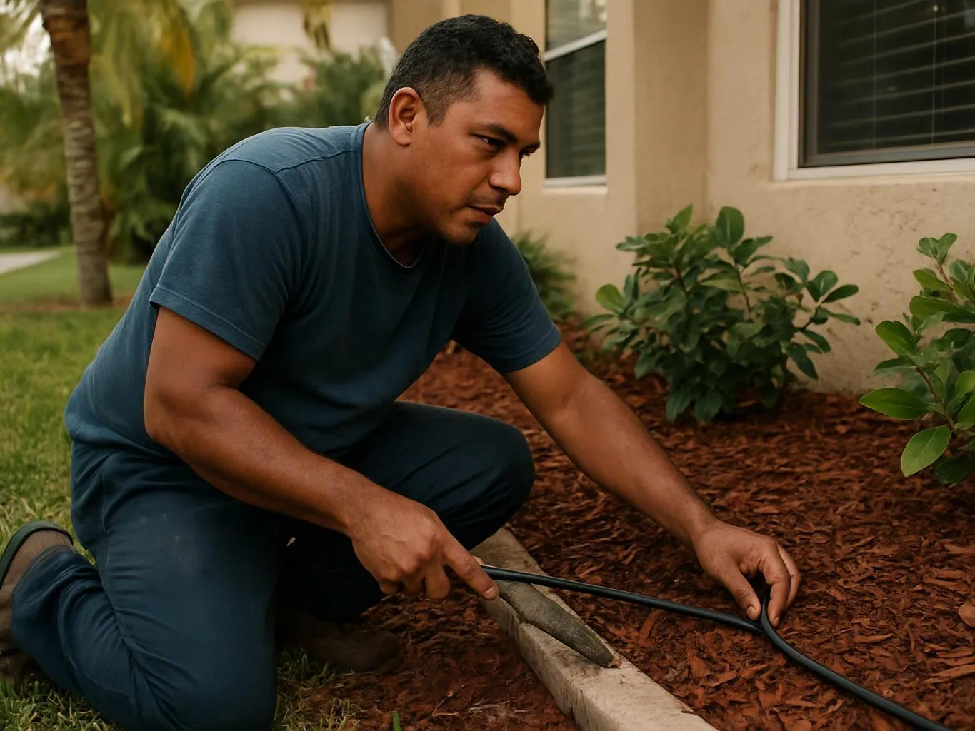A man kneels in a yard, adjusting a black hose beside a house and mulch bed