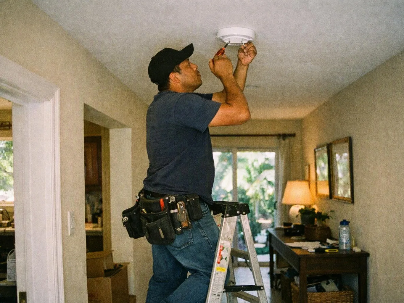 A man on a ladder fixes a ceiling light with a screwdriver in a narrow hallway