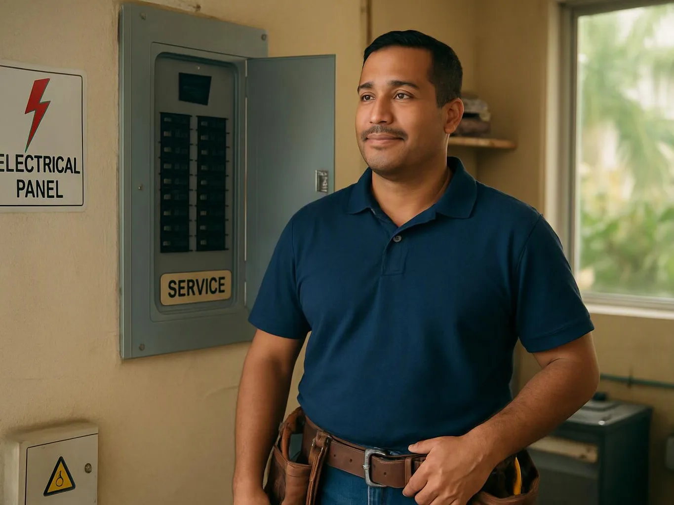 A man in a navy polo stands beside an open electrical panel in a utility room