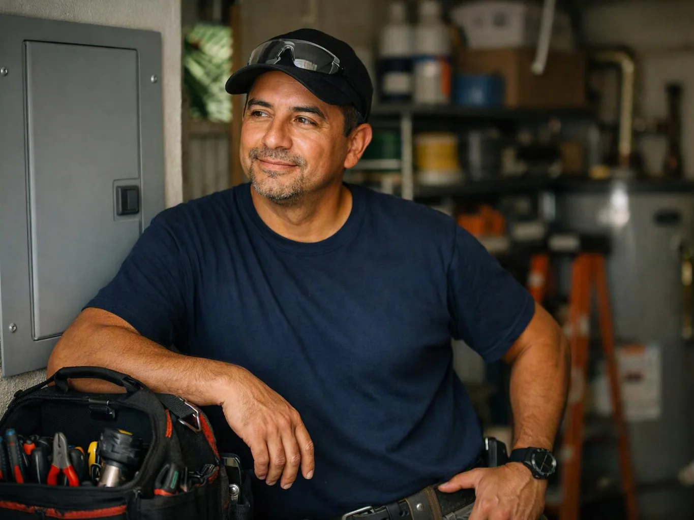 A man in a navy shirt leans by a wall panel, with a tool bag and shelves behind him