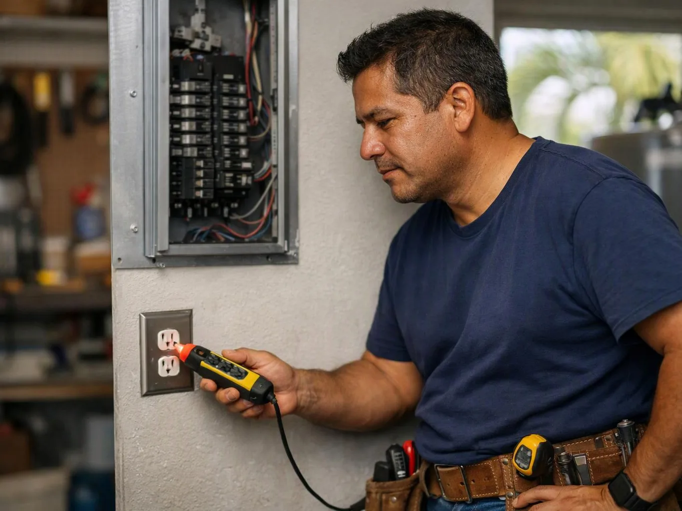 A man in a navy shirt tests an electrical outlet with a voltage tester beside an open breaker panel