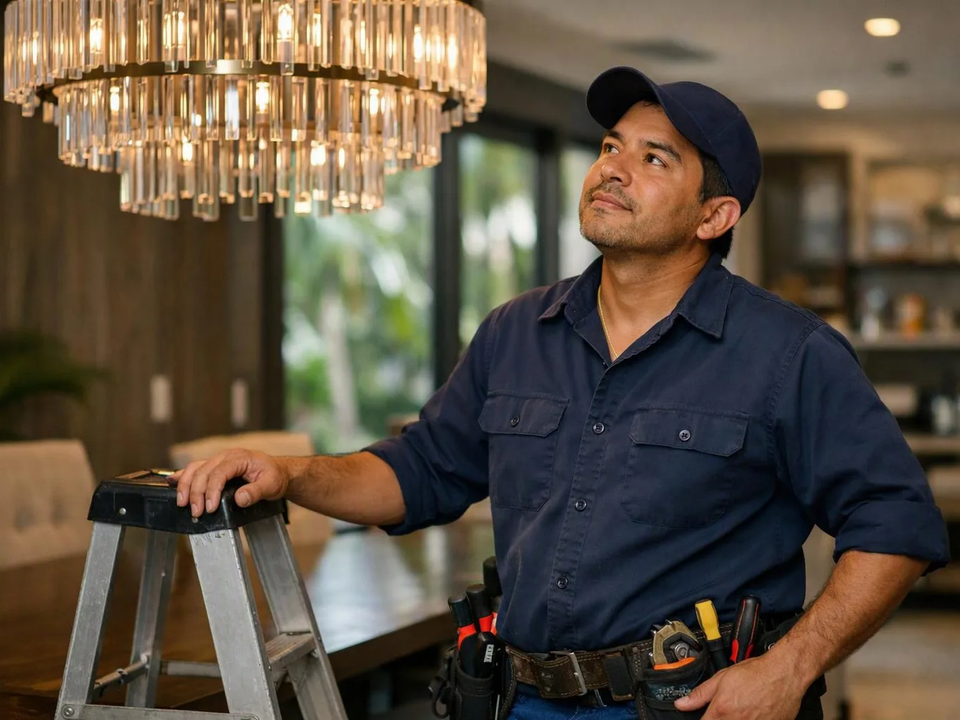 A man in a navy work shirt and cap stands on a ladder, looking up at a chandelier indoors
