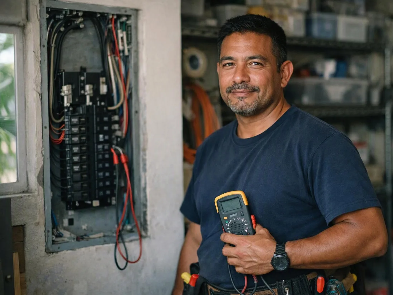 A man stands beside an open electrical panel, holding a multimeter in a workshop-like room