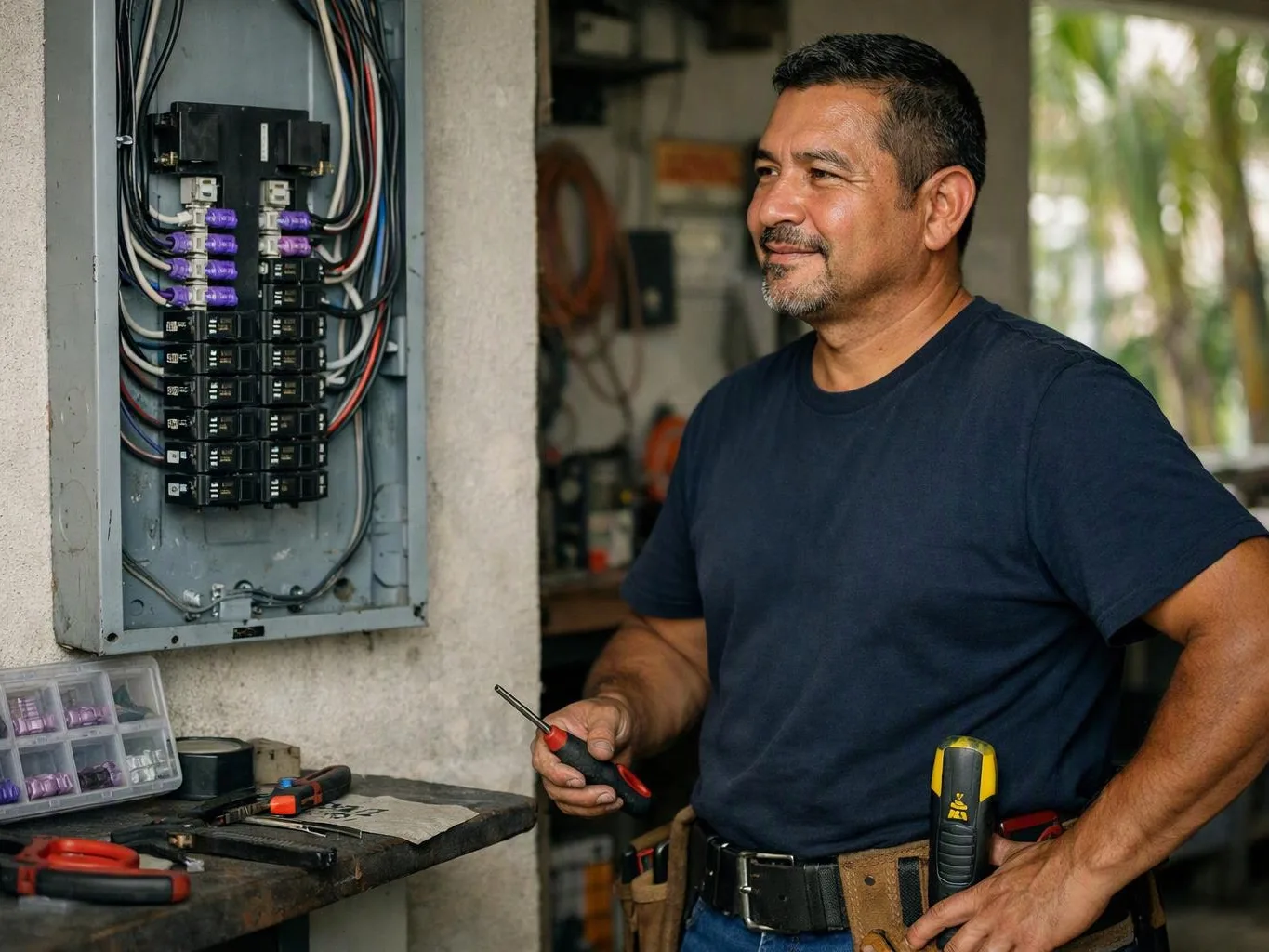 A man stands beside an open electrical panel, holding a screwdriver in a tool-filled workshop