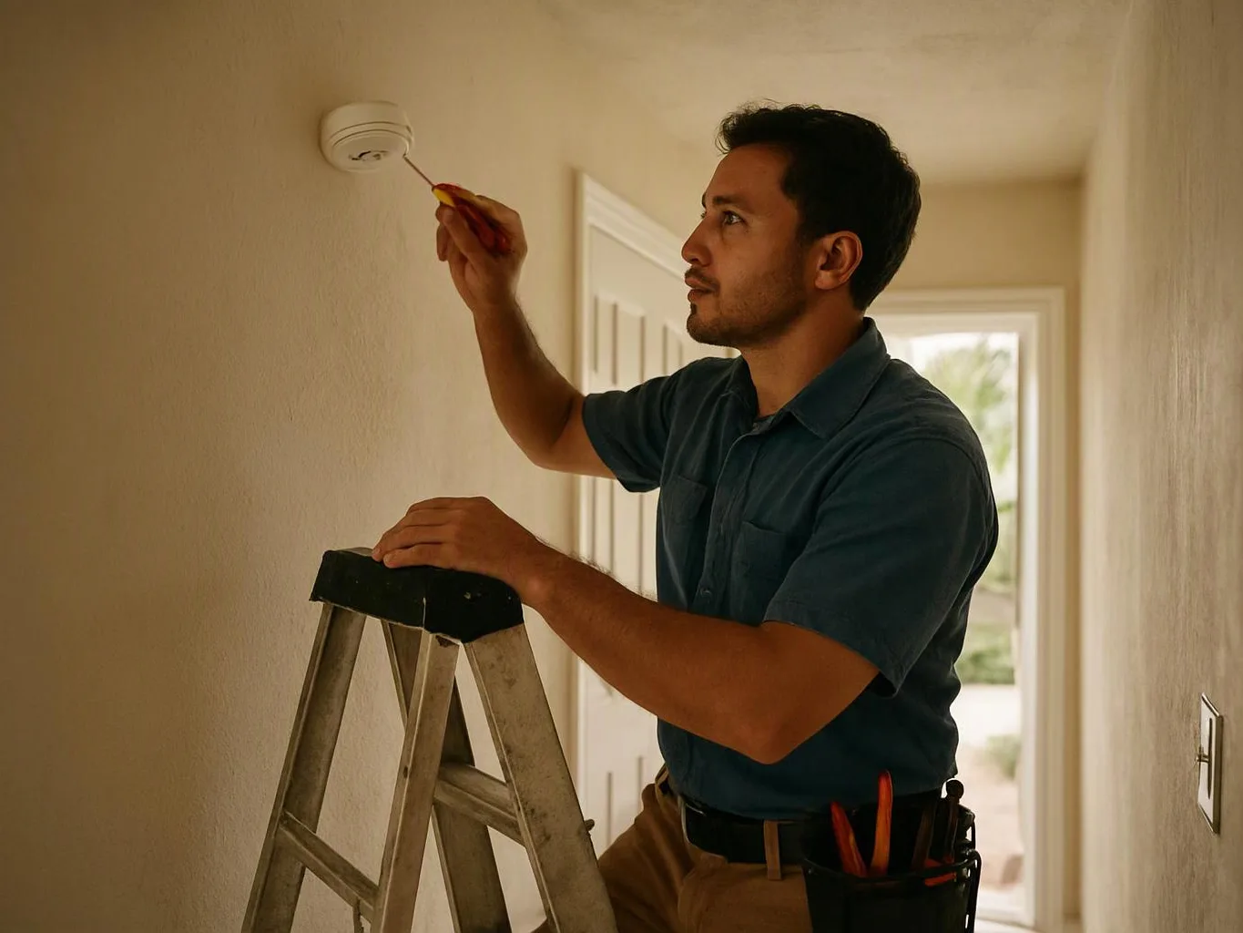 A man stands on a step ladder, testing a ceiling smoke detector in a hallway