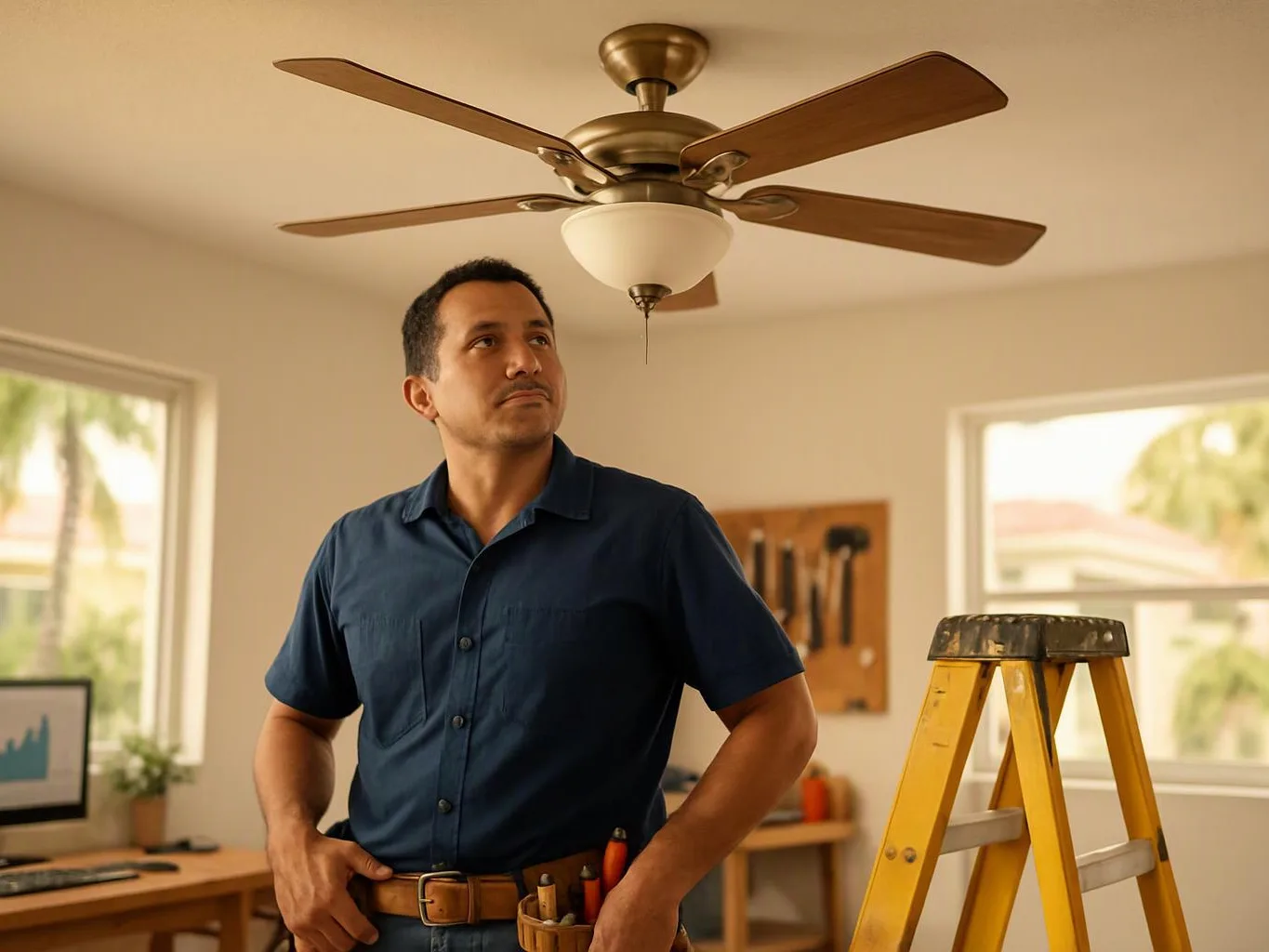 A man stands under a ceiling fan in a bright room, with a yellow ladder and workbench nearby
