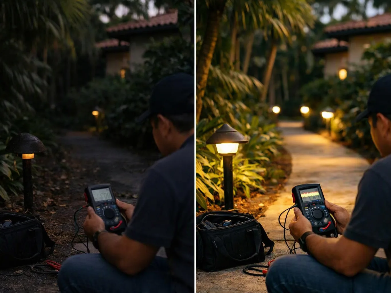 A man tests a garden light with a meter beside a path, shown in dark and bright versions