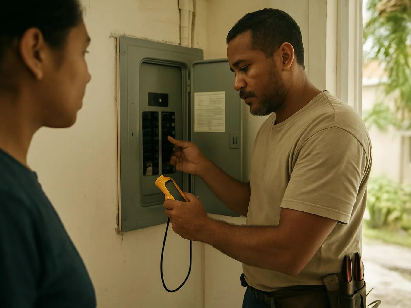 A man tests an open electrical breaker panel with a yellow meter while another person watches nearby