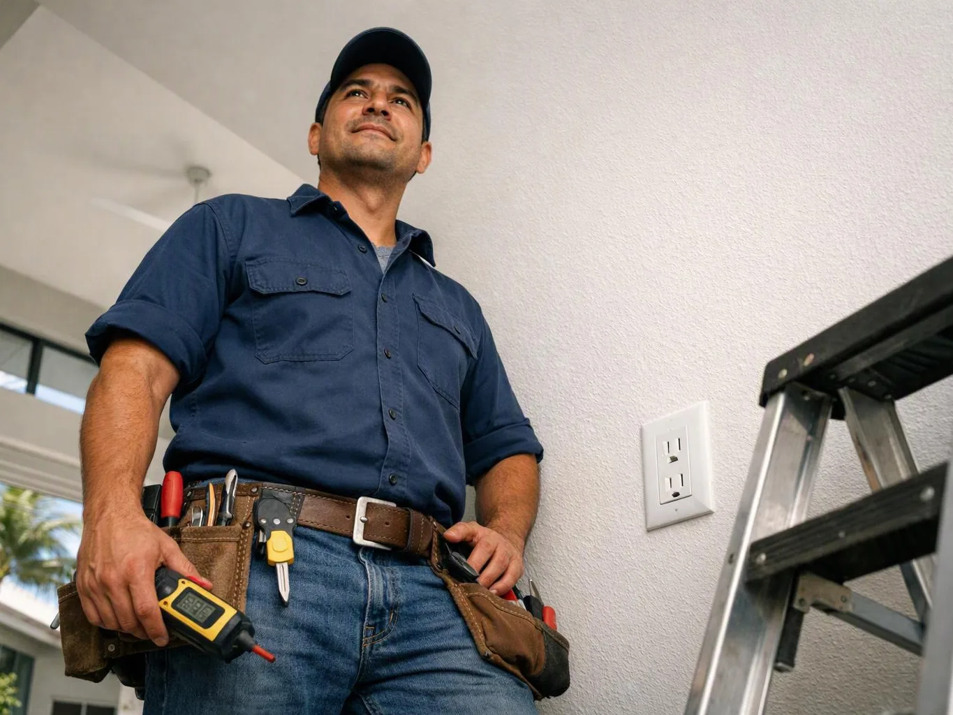 A man in a tool belt stands indoors beside a ladder, holding a digital tester in a bright room