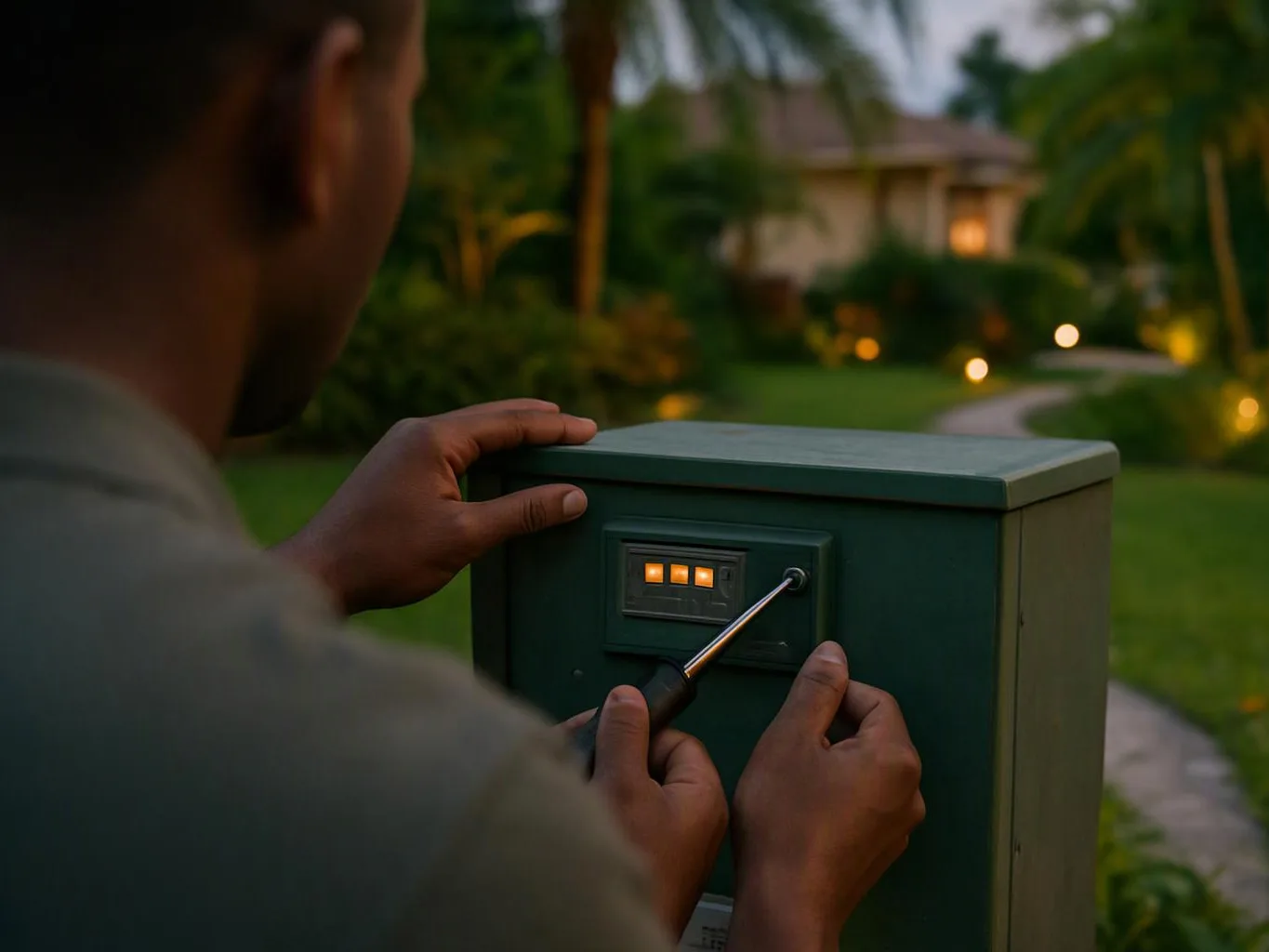 A man uses a screwdriver to open a green lockbox in a lit garden at dusk