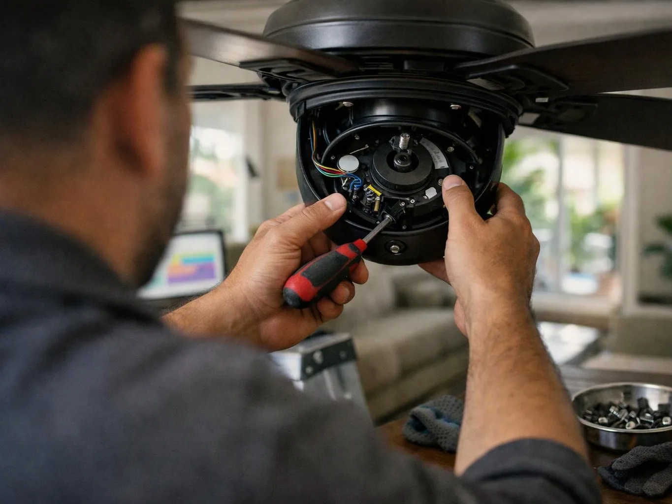 A man uses a screwdriver to repair a ceiling fan motor indoors