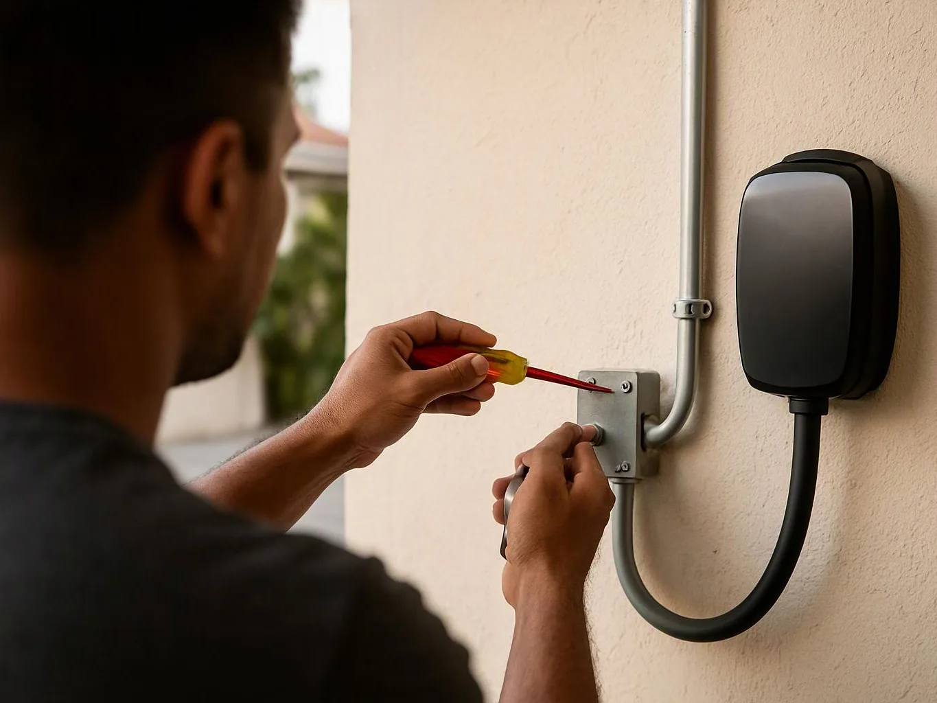 A man uses a screwdriver to tighten a wall-mounted electrical box beside conduit and a black device