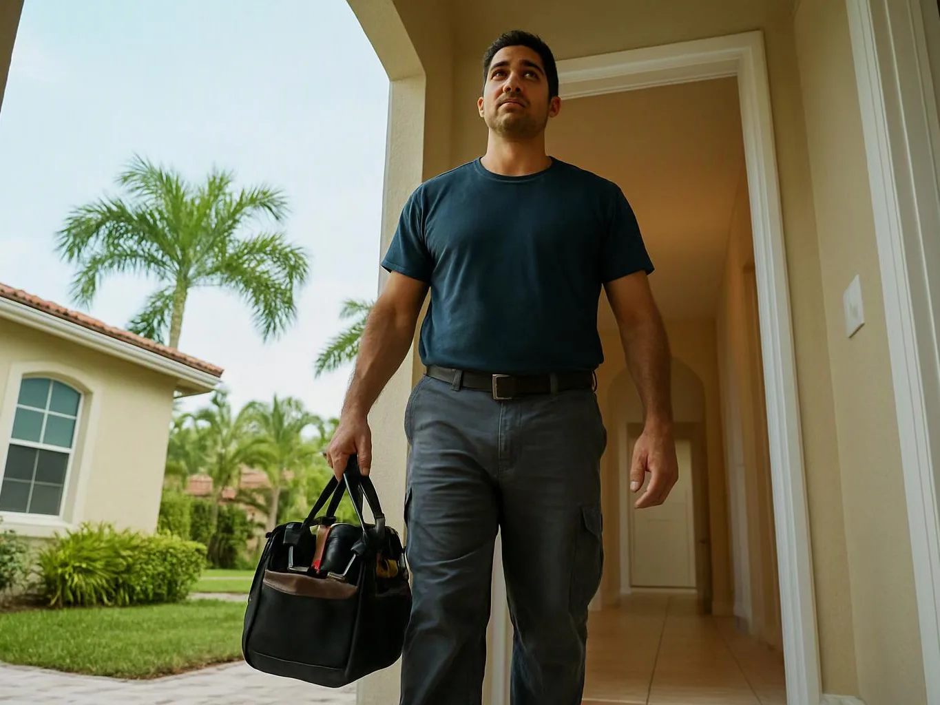 A man walks through a doorway holding a black tool bag in a sunny suburban entryway