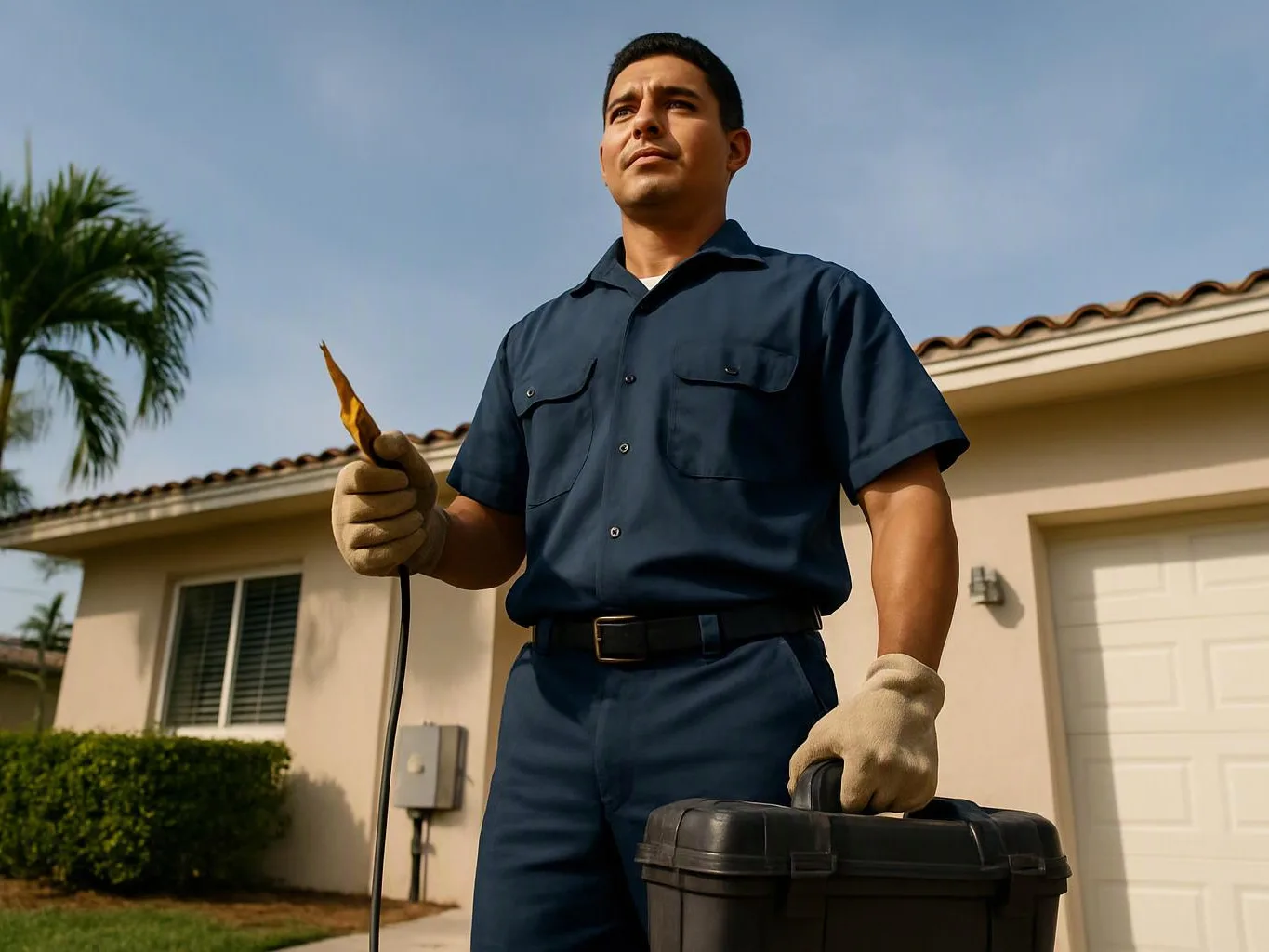 A man in work gloves stands outside a house holding a cable and a black toolbox under a clear sky