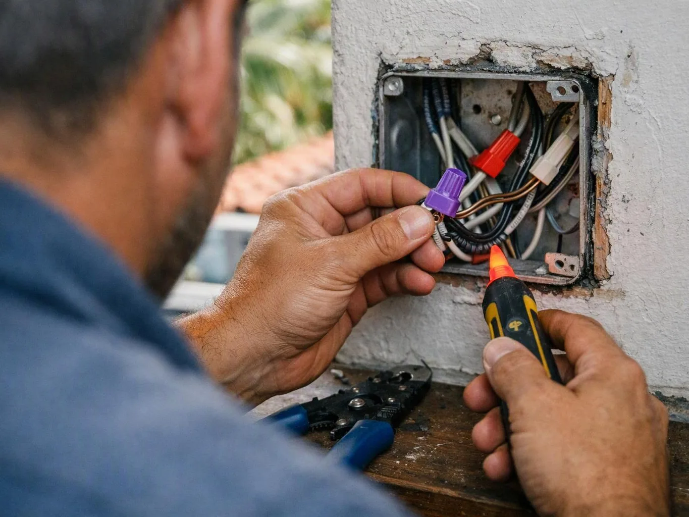 A man works on exposed electrical wires in a wall box using a voltage tester and wire connectors