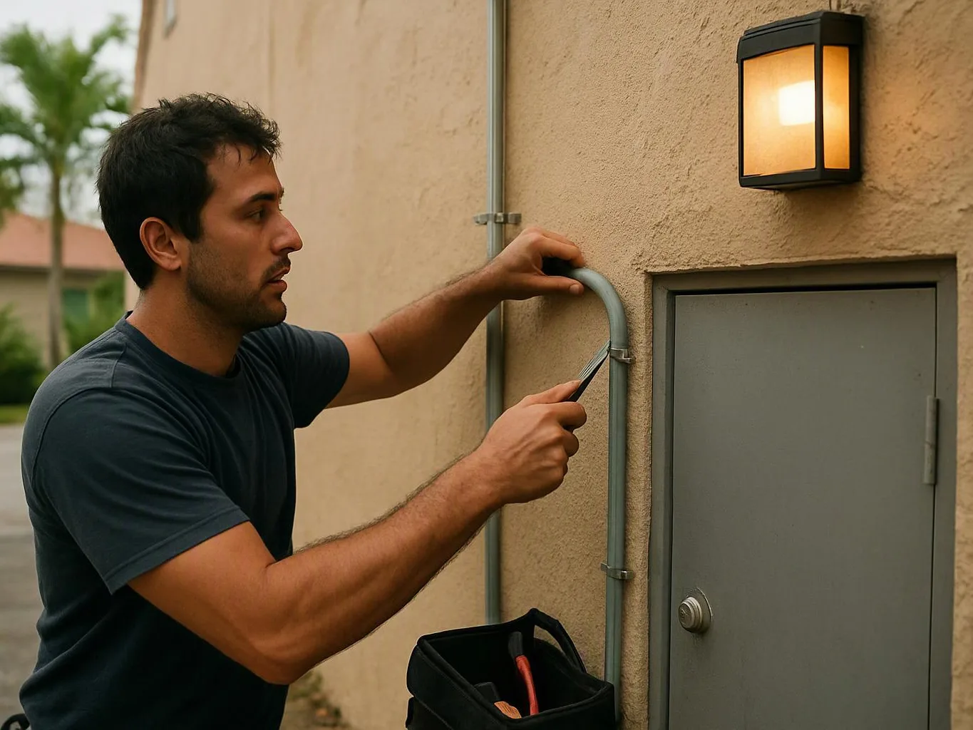A man works on an outdoor metal conduit beside a gray utility door and wall light