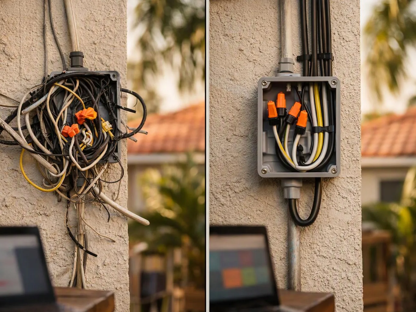 A messy electrical junction box with tangled wires sits beside a neatly wired box on a stucco wall
