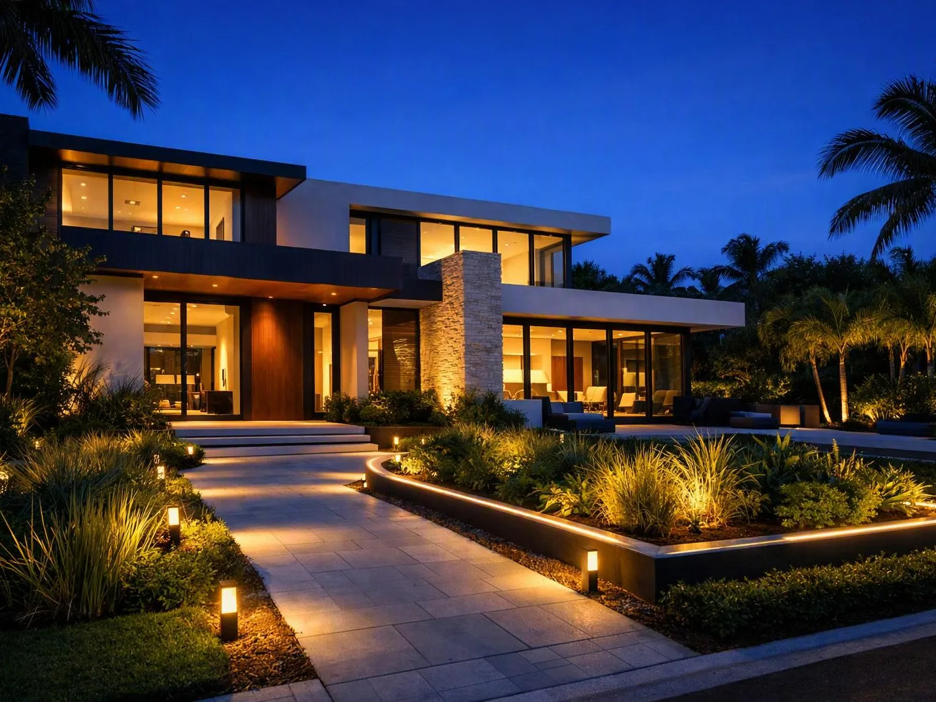 A modern two-story house glows at dusk, with lit windows, a paved walkway, and landscaped palm trees