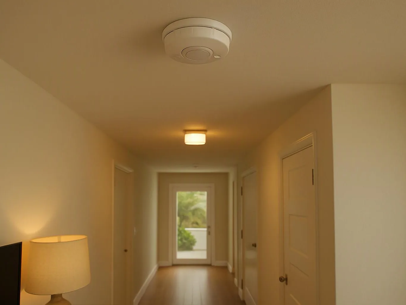 A narrow beige hallway with closed doors, a ceiling smoke alarm, and a lamp glowing near a TV at left