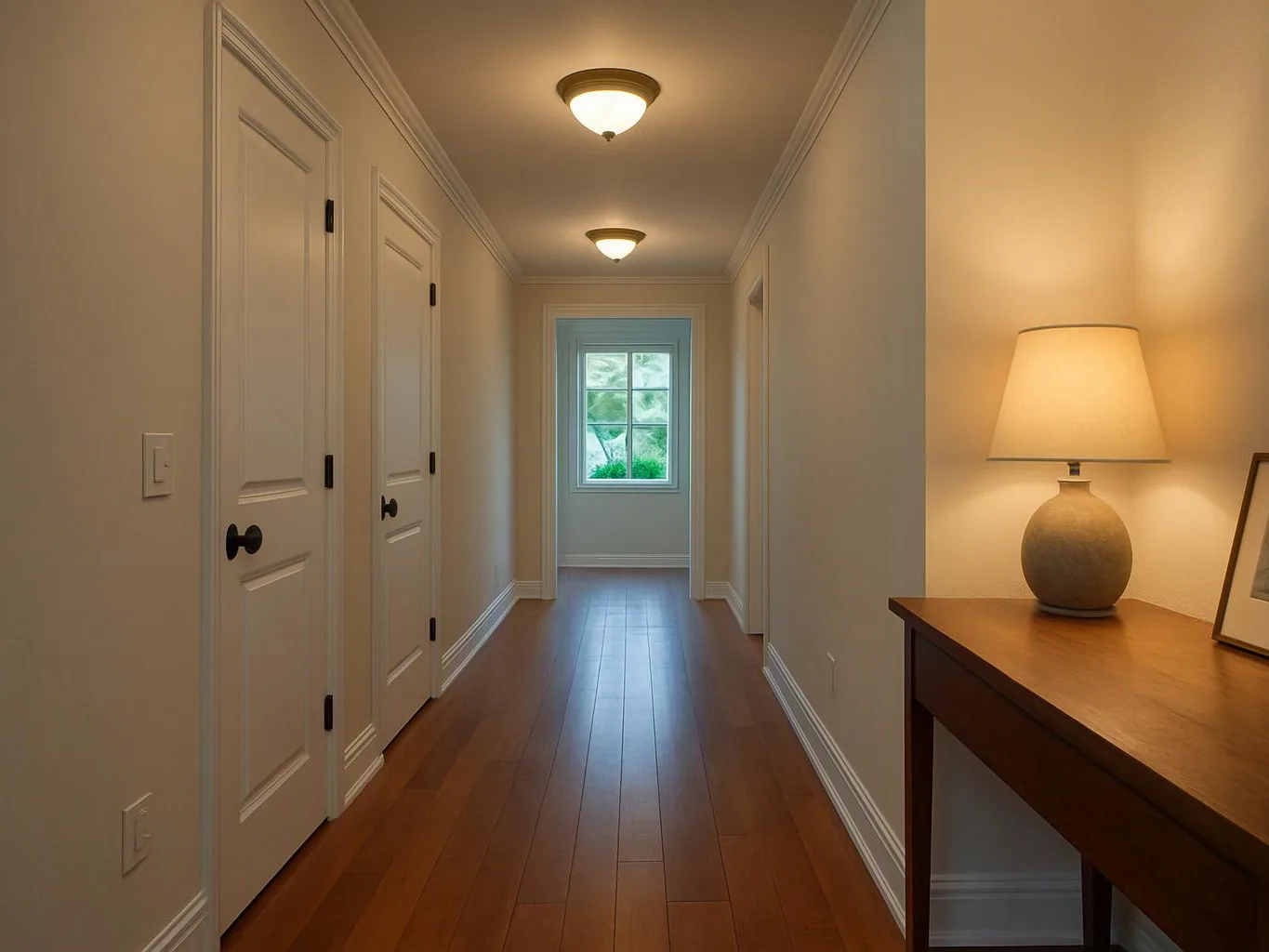 A narrow hallway with wood floors, white doors, ceiling lights, and a lamp on a side table at right