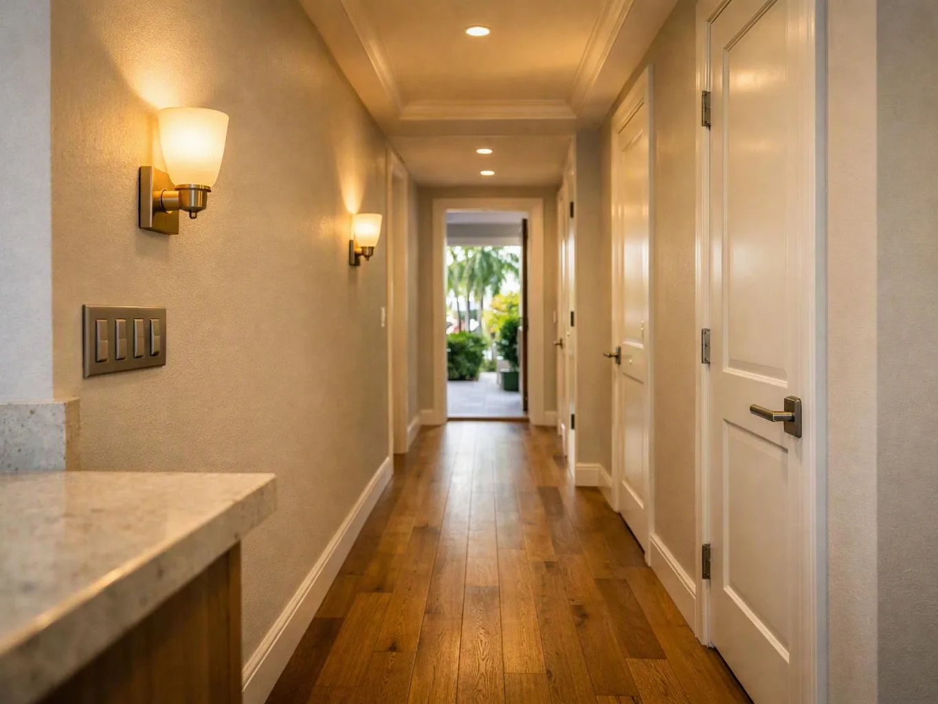 A narrow hallway with wooden floors, wall lamps, and white doors opens toward bright greenery outside