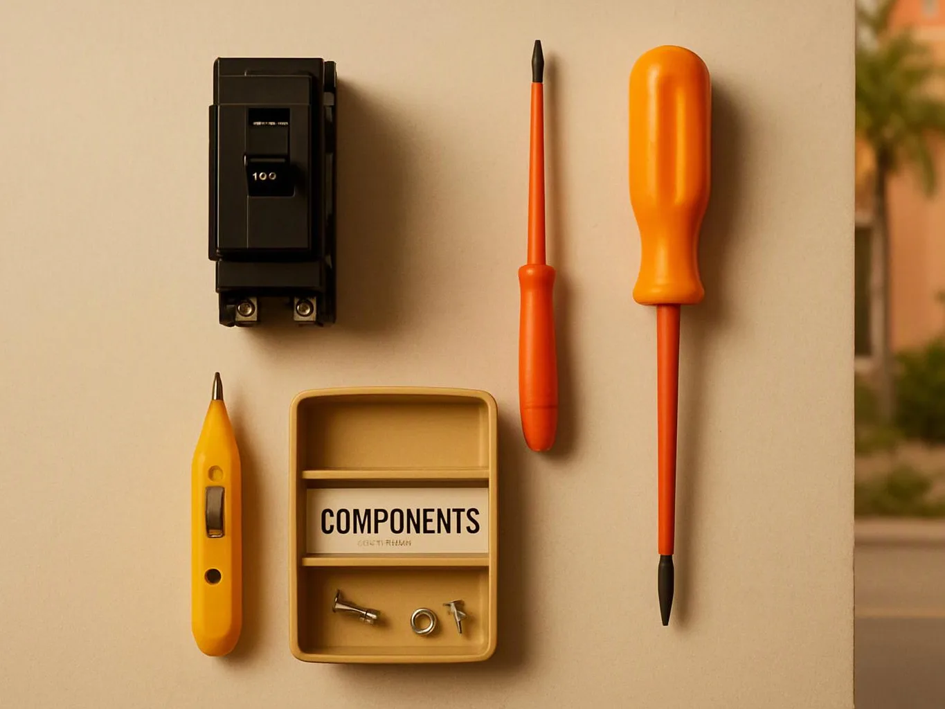 A neat flat lay shows electrical tools, a breaker, and a tray of small parts on a beige surface