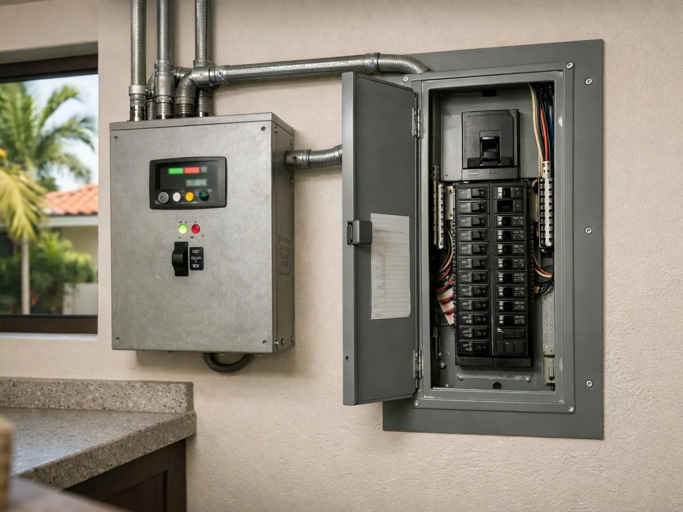 An open electrical breaker panel and control box sit on a wall beside a window and countertop